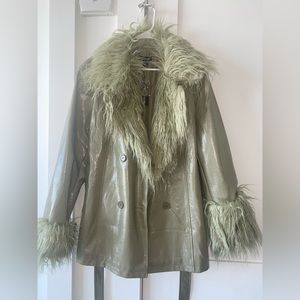 Faux Fur Leather Sage green belted jacket